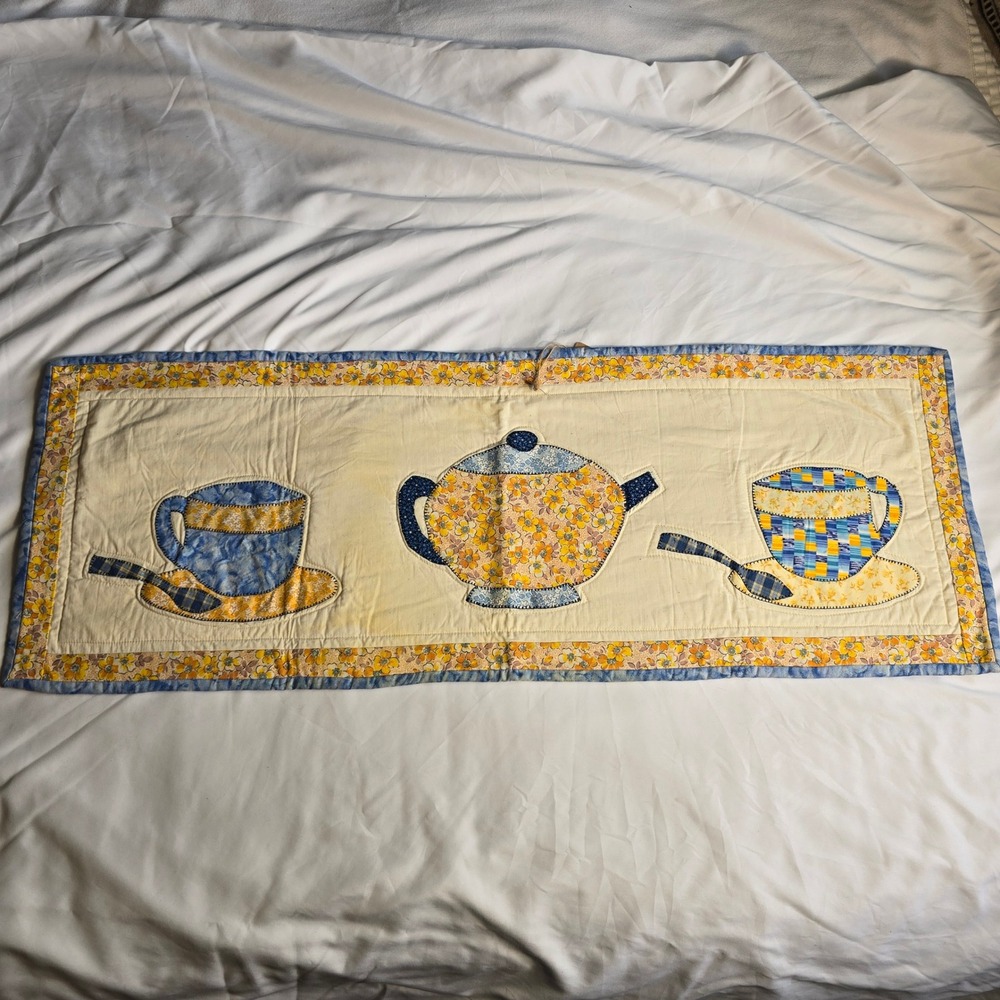 Vintage Handmade Quilted Table Runner Tea Time Teapot Teacup Floral Blue Yellow